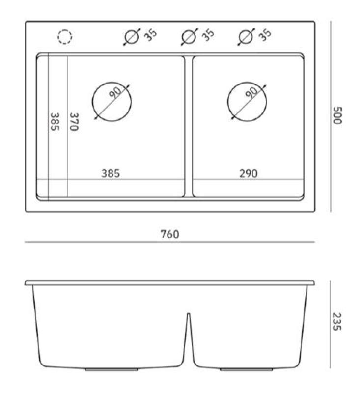 Quadri Hard Rock Podwójny Czarny Granitowy Zlew Nawierzchniowy 76x50 cm z korkiem ze stali nierdzewnej i akcesoriami 1208971401