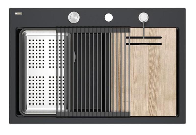 Quadri Hard Rock Podwójny Czarny Granitowy Zlew Nawierzchniowy 76x50 cm z korkiem ze stali nierdzewnej i akcesoriami 1208971401