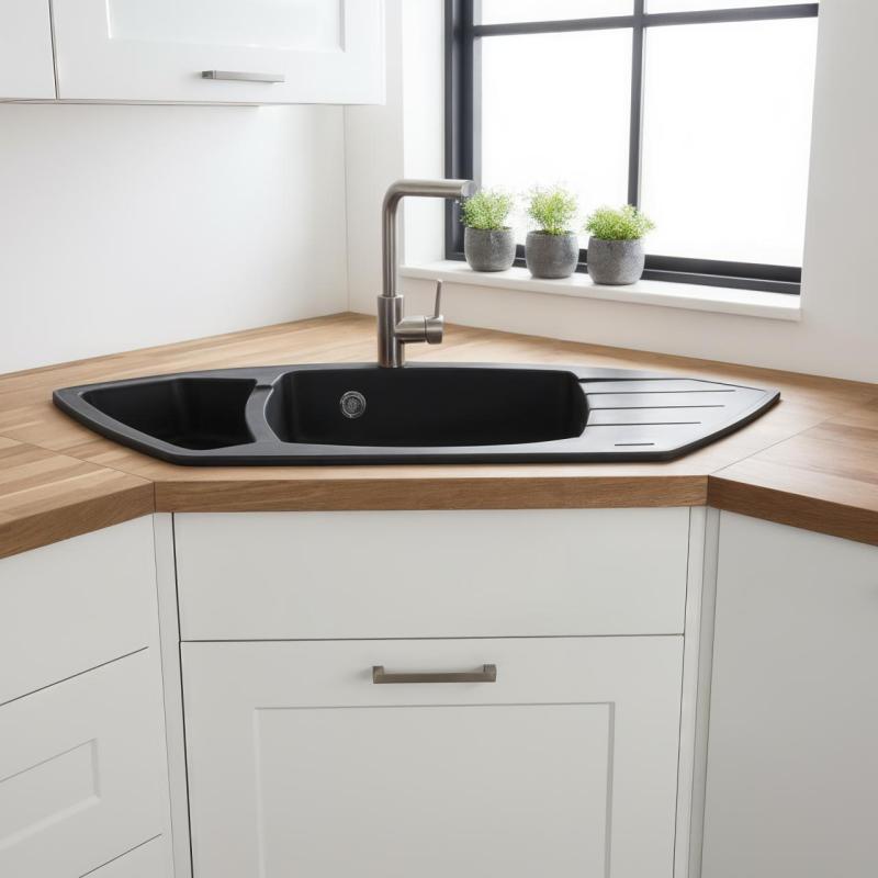Graniteland Monte Granitowy czarny zlew narożny do montażu 901x538mm z korkiem ze stali nierdzewnej 1208971413