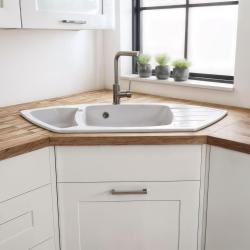 Graniteland Monte Granitowy biały zlew narożny do montażu 901x538mm z korkiem ze stali nierdzewnej 1208971415