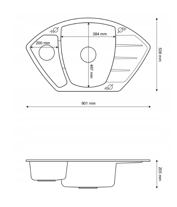 Graniteland Monte Granitowy biały zlew narożny do montażu 901x538mm z korkiem ze stali nierdzewnej 1208971415