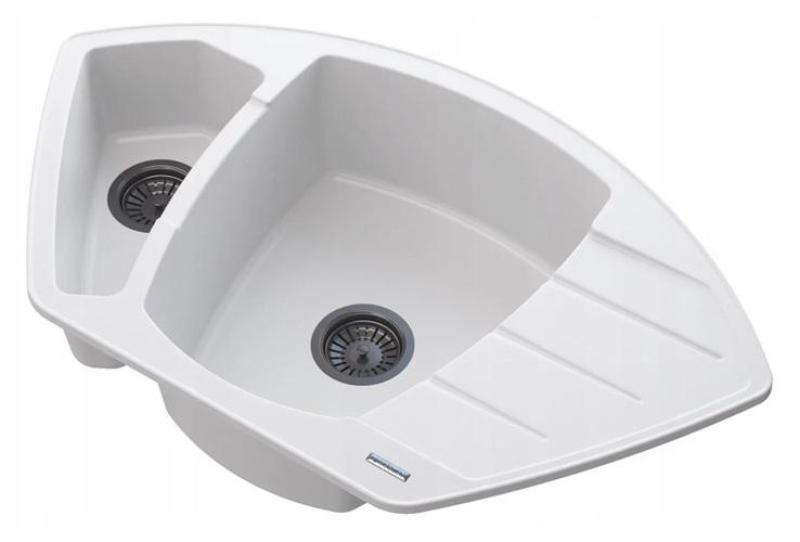 Graniteland Monte Granitowy biały zlew narożny do montażu 901x538mm z korkiem ze stali nierdzewnej 1208971415
