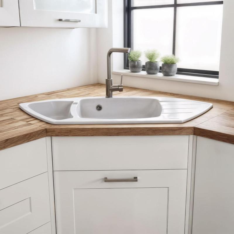 Graniteland Monte Granitowy biały zlew narożny do montażu 901x538mm z korkiem ze stali nierdzewnej 1208971415