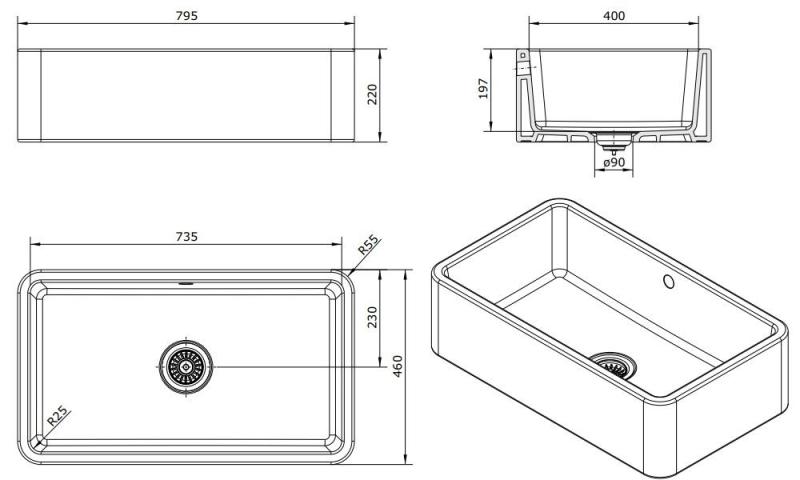 Ausmann Ceramic Mira Ceramiczny Biały Zlew - Montaż Podblatowy i Międzyblatowy 795 x 460 mm z metalową zatyczką Gun metal 1208971468
