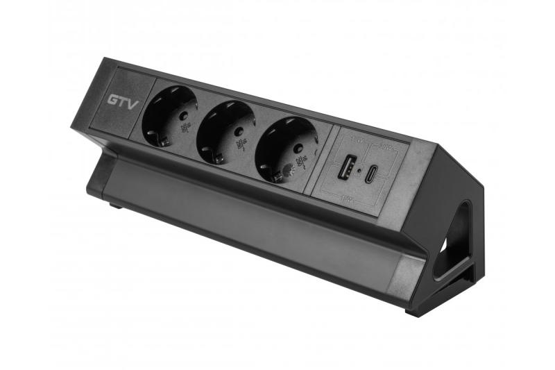 Gniazdo meblowe BASCO, 3xSHUKO, USB A+C, kabel 1,5 m, czarne