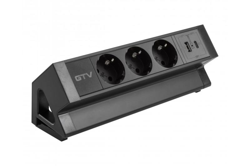 Gniazdo meblowe BASCO, 3xSHUKO, USB A+C, kabel 1,5 m, czarne