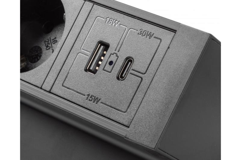 Gniazdo meblowe BASCO, 3xSHUKO, USB A+C, kabel 1,5 m, czarne