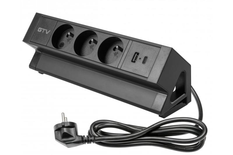 Gniazdo meblowe Basco, 3 x gniazdo z uziemieniem, USB A+C, kabel 1,5 m, czarne z montażem