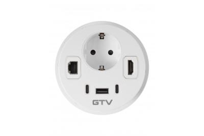 Gniazdo meblowe RONDO, 1xSCHUKO, 1xUSB-A, 2xUSB-C, HDMI, kabel RJ45 1,5 m, białe