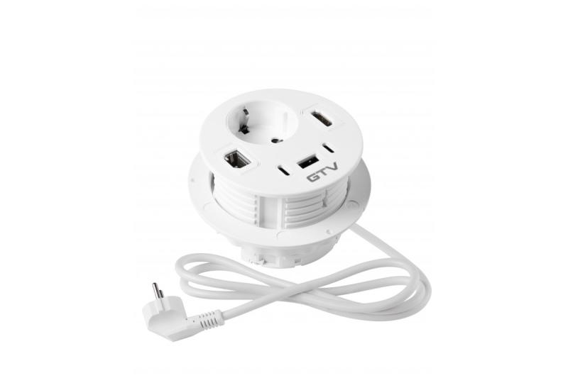 Gniazdo meblowe RONDO, 1xSCHUKO, 1xUSB-A, 2xUSB-C, HDMI, kabel RJ45 1,5 m, białe