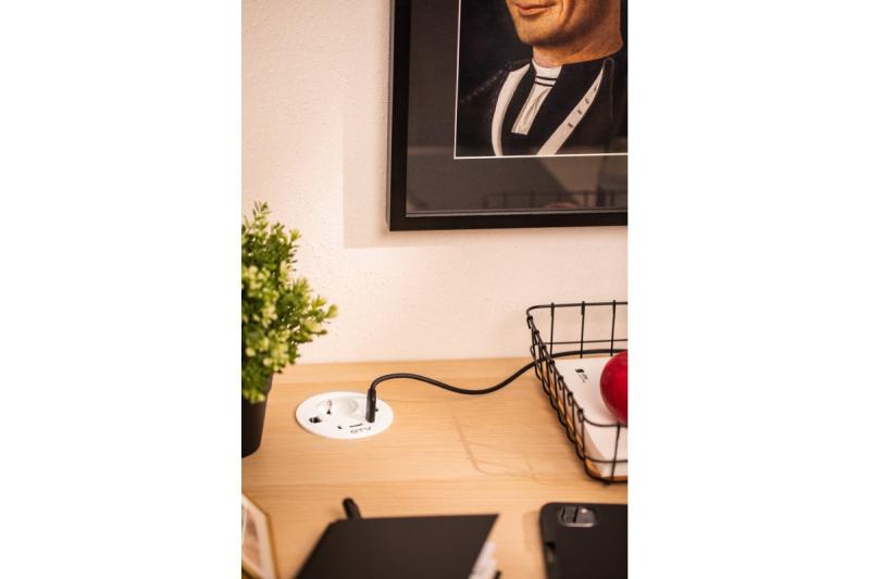 Gniazdo meblowe RONDO, 1xSCHUKO, 1xUSB-A, 2xUSB-C, HDMI, kabel RJ45 1,5 m, białe
