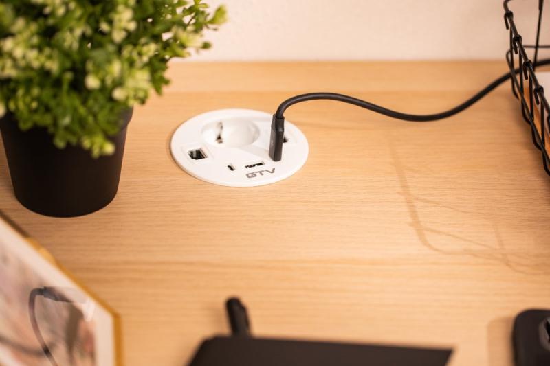 Gniazdo meblowe RONDO, 1xSCHUKO, 1xUSB-A, 2xUSB-C, HDMI, kabel RJ45 1,5 m, białe