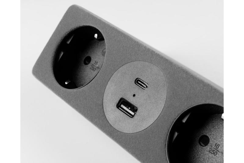 Gniazdo meblowe SOFITO, 2xSCHUKO, USB A+C, kabel 1,5 m, szary flock