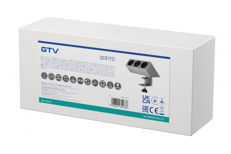 Gniazdo meblowe SOFITO, 2xSCHUKO, USB A+C, kabel 1,5 m, szary flock