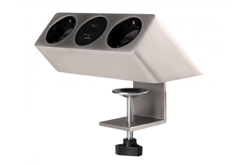 Gniazdo meblowe SOFITO, 2xSCHUKO, USB A+C, kabel 1,5 m, stal nierdzewna