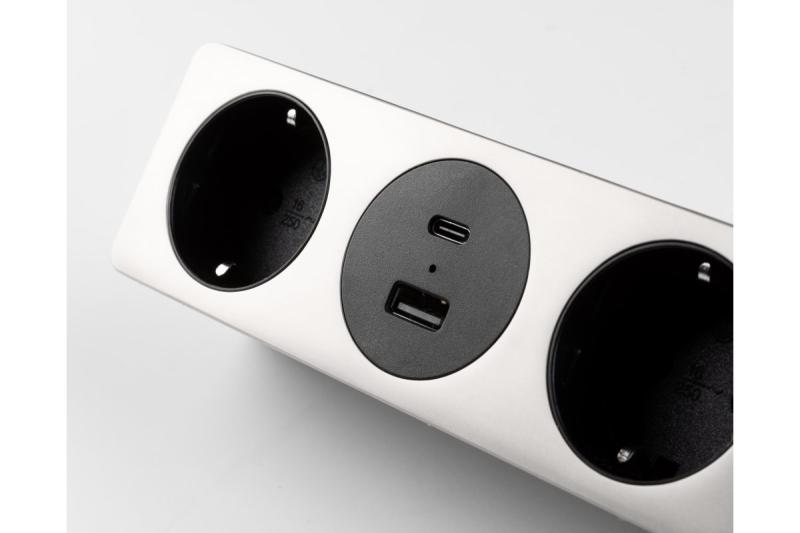 Gniazdo meblowe SOFITO, 2xSCHUKO, USB A+C, kabel 1,5 m, stal nierdzewna