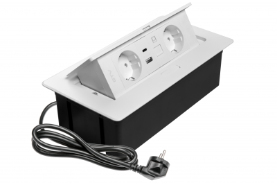 Gniazdo meblowe MULTISOFT, 2xSCHUKO, USB A+C, RJ45, kabel 1,5 m, białe