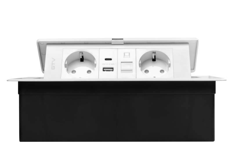 Gniazdo meblowe MULTISOFT, 2xSCHUKO, USB A+C, RJ45, kabel 1,5 m, białe