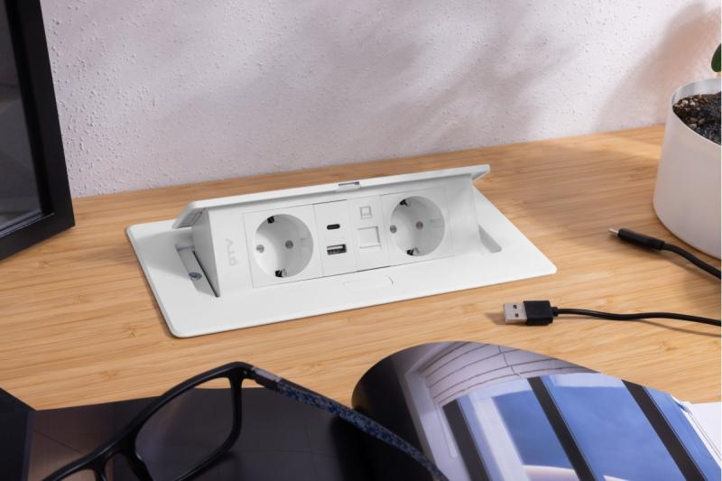 Gniazdo meblowe MULTISOFT, 2xSCHUKO, USB A+C, RJ45, kabel 1,5 m, białe