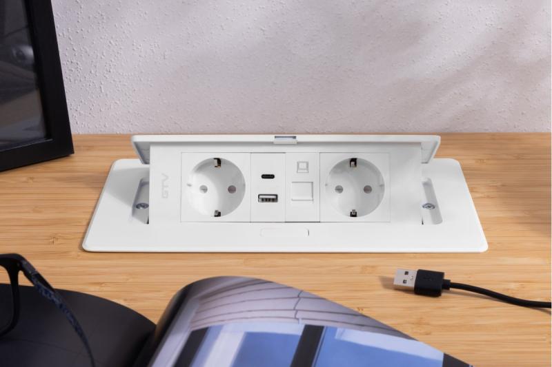 Gniazdo meblowe MULTISOFT, 2xSCHUKO, USB A+C, RJ45, kabel 1,5 m, białe