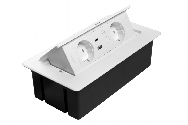 Gniazdo meblowe MULTISOFT, 2xSCHUKO, USB A+C, RJ45, kabel 1,5 m, białe
