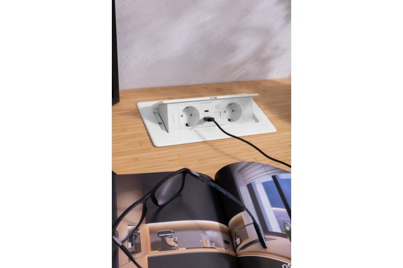 Gniazdo meblowe MULTISOFT, 2xSCHUKO, USB A+C, RJ45, kabel 1,5 m, białe