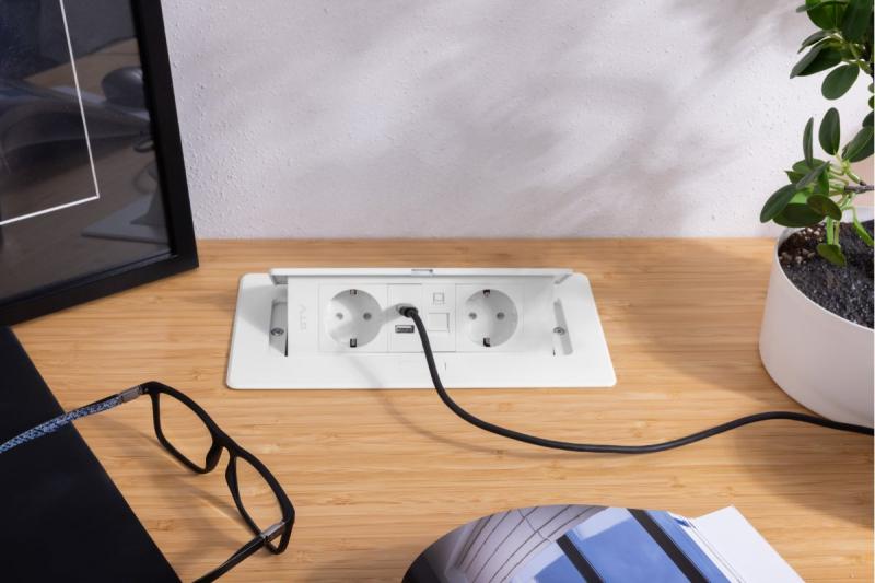 Gniazdo meblowe MULTISOFT, 2xSCHUKO, USB A+C, RJ45, kabel 1,5 m, białe