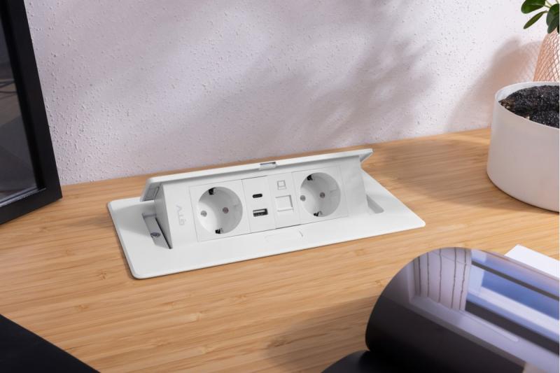 Gniazdo meblowe MULTISOFT, 2xSCHUKO, USB A+C, RJ45, kabel 1,5 m, białe