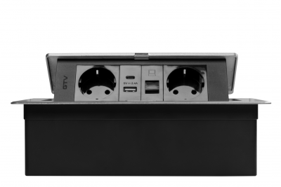 Gniazdo meblowe MULTISOFT, 2xSCHUKO, USB A+C, RJ45, kabel 1,5 m, aluminium
