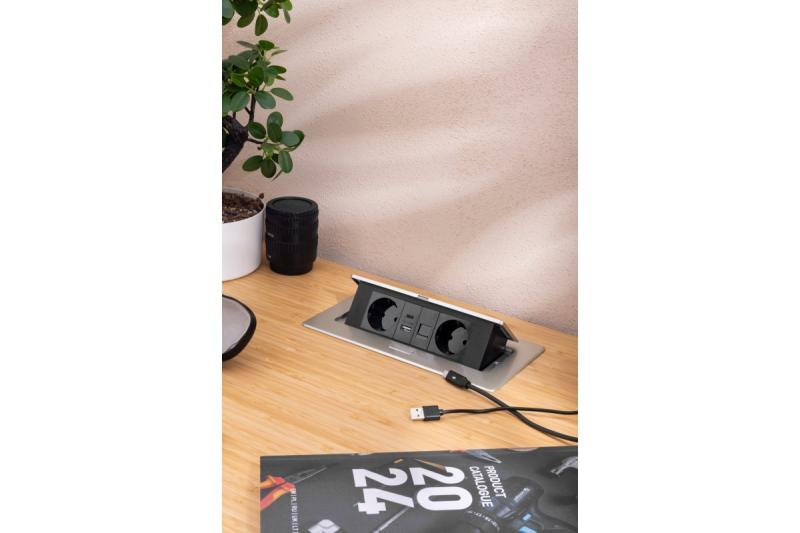 Gniazdo meblowe MULTISOFT, 2xSCHUKO, USB A+C, RJ45, kabel 1,5 m, aluminium