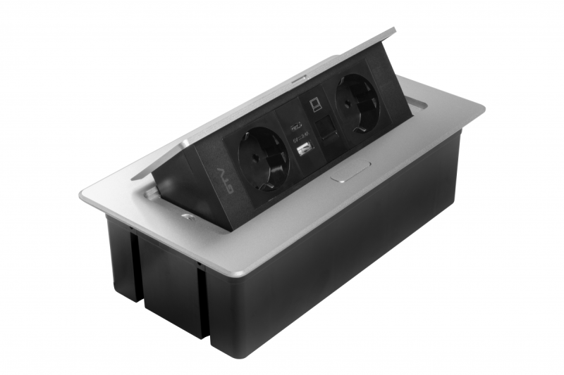 Gniazdo meblowe MULTISOFT, 2xSCHUKO, USB A+C, RJ45, kabel 1,5 m, aluminium