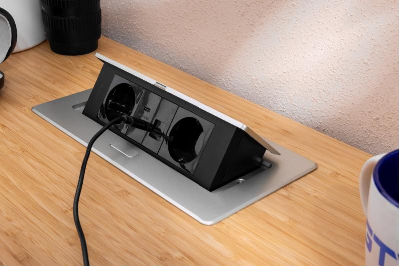 Gniazdo meblowe MULTISOFT, 2xSCHUKO, USB A+C, RJ45, kabel 1,5 m, aluminium