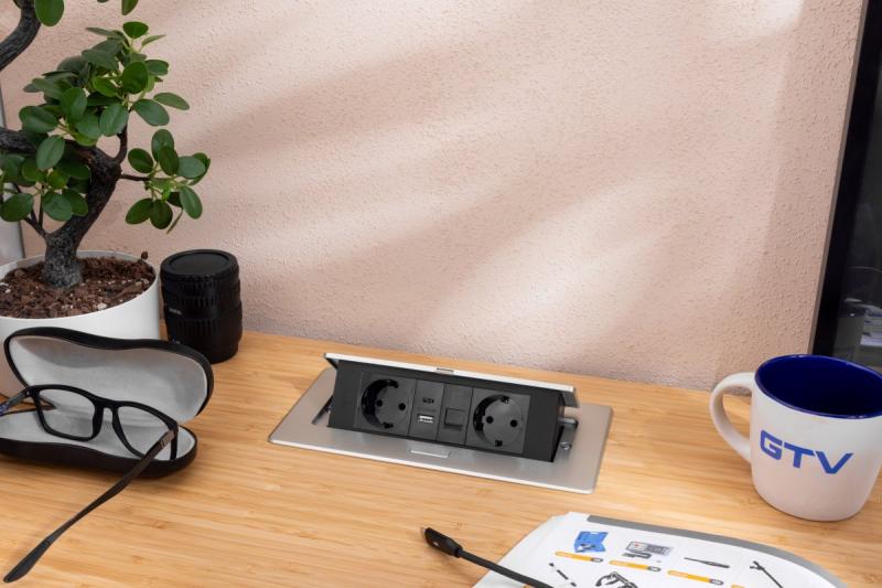 Gniazdo meblowe MULTISOFT, 2xSCHUKO, USB A+C, RJ45, kabel 1,5 m, aluminium