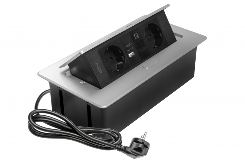 Gniazdo meblowe MULTISOFT, 2xSCHUKO, USB A+C, RJ45, kabel 1,5 m, aluminium