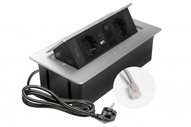 Gniazdo meblowe MULTISOFT, 2xSCHUKO, USB A+C, RJ45, kabel 1,5 m, aluminium