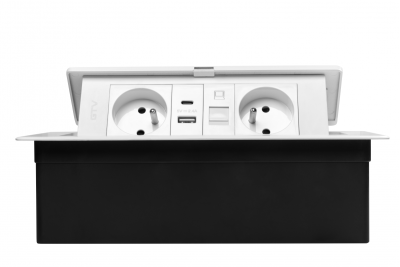 MULTISOFT Gniazdo Meblowe 2x Gniazdo z Uziemieniem, USB A+C, RJ45, Kabel Zasilający z Wtyczką, Białe