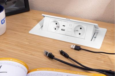 MULTISOFT Gniazdo Meblowe 2x Gniazdo z Uziemieniem, USB A+C, RJ45, Kabel Zasilający z Wtyczką, Białe