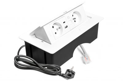 MULTISOFT Gniazdo Meblowe 2x Gniazdo z Uziemieniem, USB A+C, RJ45, Kabel Zasilający z Wtyczką, Białe
