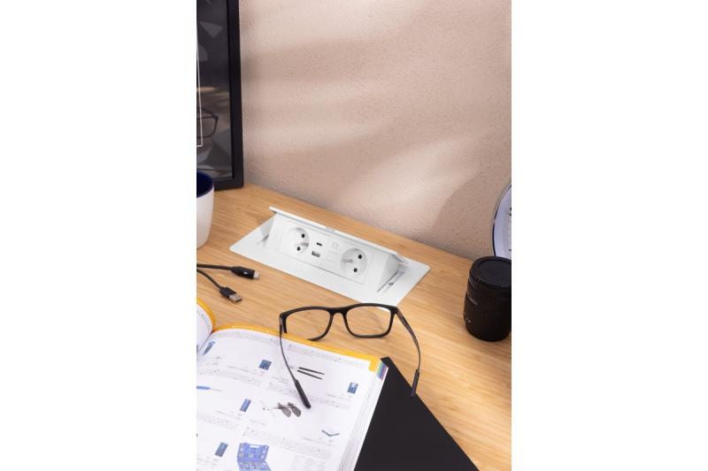 MULTISOFT Gniazdo Meblowe 2x Gniazdo z Uziemieniem, USB A+C, RJ45, Kabel Zasilający z Wtyczką, Białe