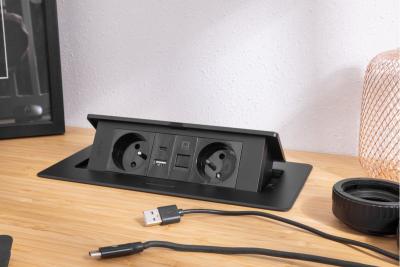 MULTISOFT Gniazdo Meblowe 2x Gniazdo z Uziemieniem, USB A+C, RJ45, Kabel Zasilający z Wtyczką, Czarny