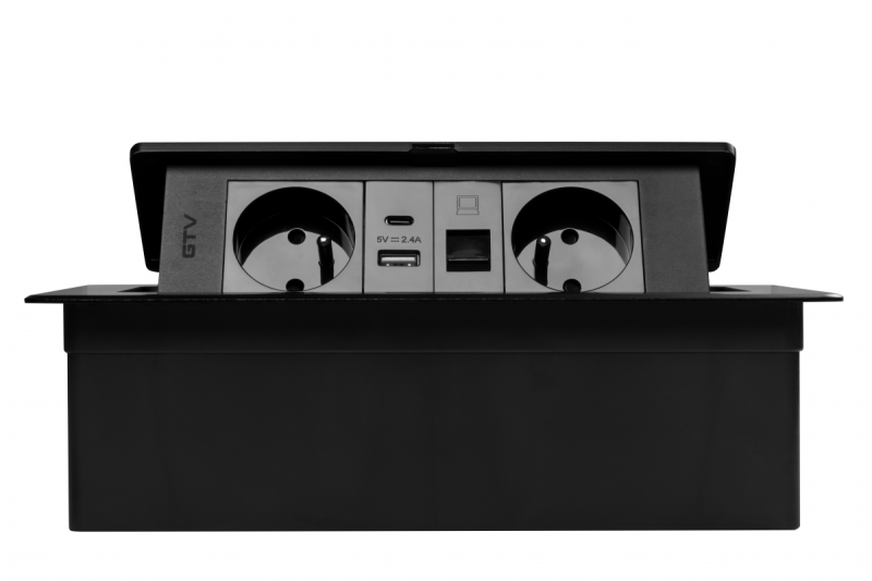 MULTISOFT Gniazdo Meblowe 2x Gniazdo z Uziemieniem, USB A+C, RJ45, Kabel Zasilający z Wtyczką, Czarny