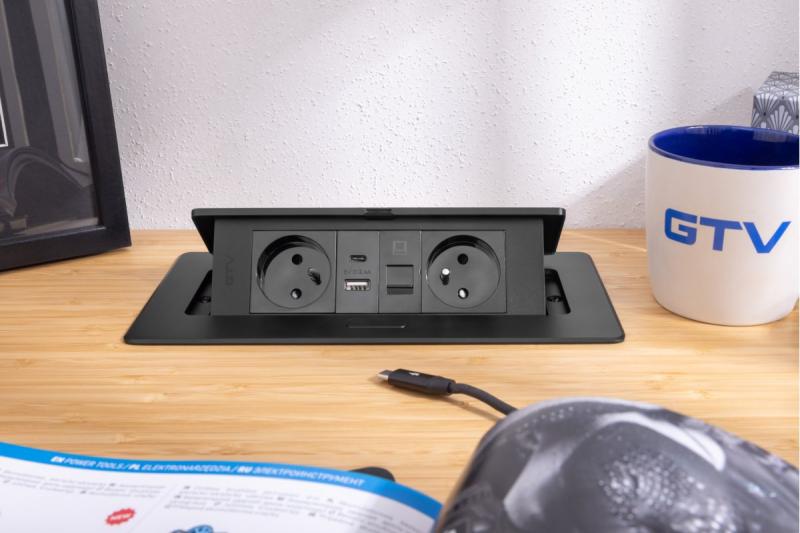 MULTISOFT Gniazdo Meblowe 2x Gniazdo z Uziemieniem, USB A+C, RJ45, Kabel Zasilający z Wtyczką, Czarny