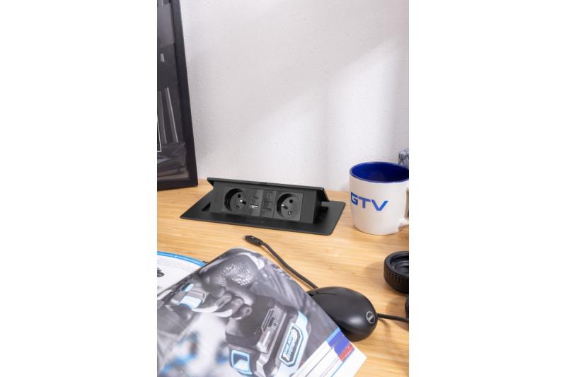 MULTISOFT Gniazdo Meblowe 2x Gniazdo z Uziemieniem, USB A+C, RJ45, Kabel Zasilający z Wtyczką, Czarny