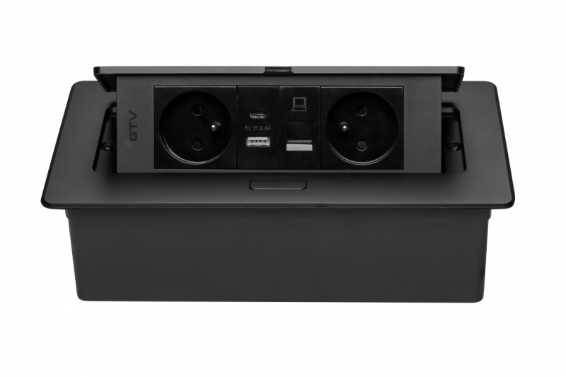 MULTISOFT Gniazdo Meblowe 2x Gniazdo z Uziemieniem, USB A+C, RJ45, Kabel Zasilający z Wtyczką, Czarny