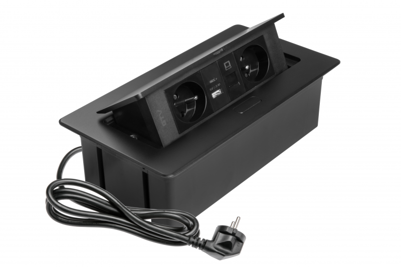 MULTISOFT Gniazdo Meblowe 2x Gniazdo z Uziemieniem, USB A+C, RJ45, Kabel Zasilający z Wtyczką, Czarny