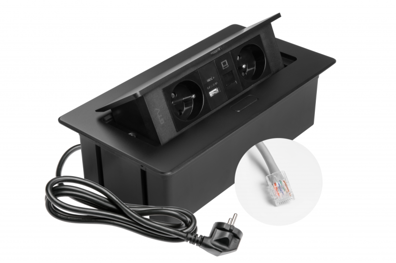 MULTISOFT Gniazdo Meblowe 2x Gniazdo z Uziemieniem, USB A+C, RJ45, Kabel Zasilający z Wtyczką, Czarny