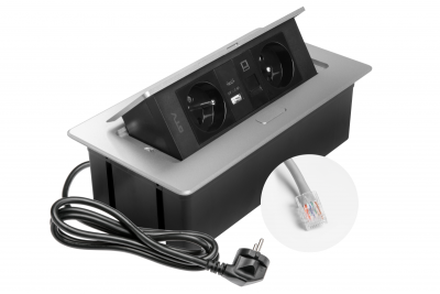 Gniazdo meblowe MULTISOFT 2x gniazdo z uziemieniem, USB A+C, RJ45, kabel zasilający z wtyczką, aluminium