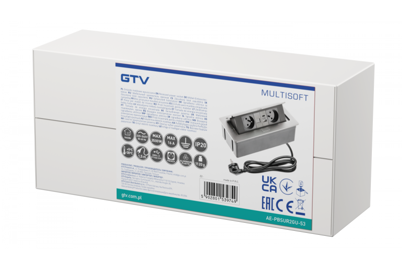 Gniazdo meblowe MULTISOFT 2x gniazdo z uziemieniem, USB A+C, RJ45, kabel zasilający z wtyczką, aluminium