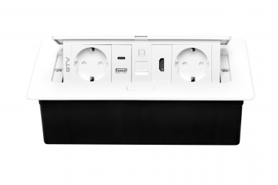 Gniazdo meblowe MULTISOFT, 2xSCHUKO, USB A+C, RJ45, HDMI, kabel 1,5 m, białe