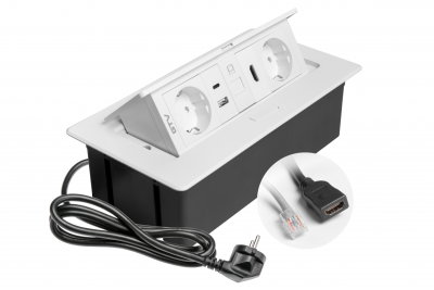 Gniazdo meblowe MULTISOFT, 2xSCHUKO, USB A+C, RJ45, HDMI, kabel 1,5 m, białe